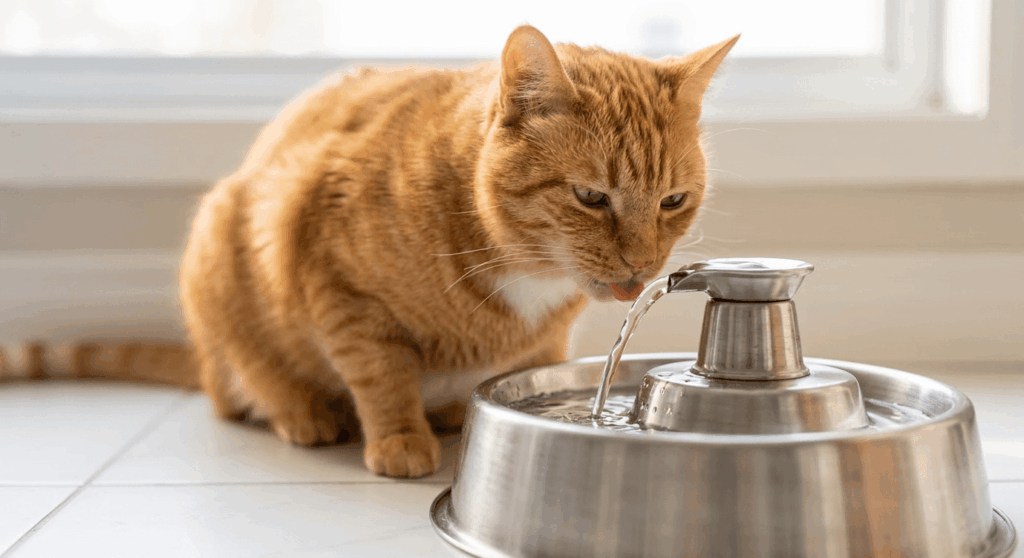 Orange cat drinking from a stainless steel flowing pet fountain, demonstrating key cat water fountain benefits