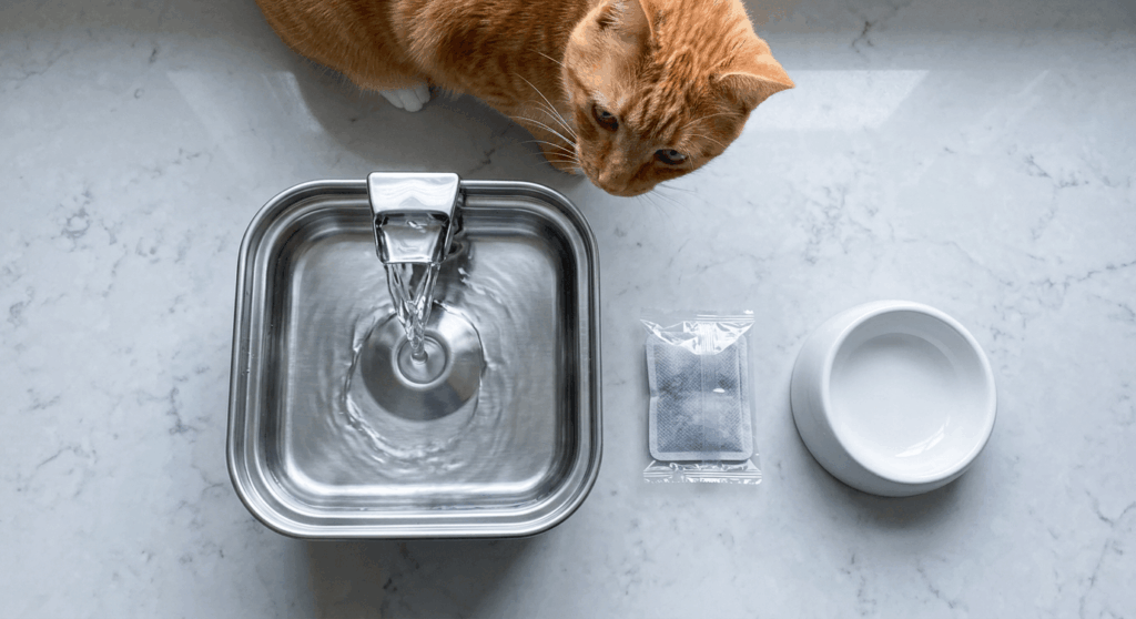 Replacing the carbon filter in a hygienic stainless steel cat water fountain to prevent UTIs