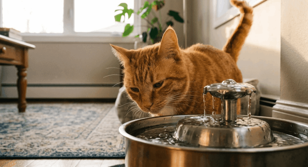 Indoor cat listening to the bubbling sound of a water fountain as auditory apartment enrichment
