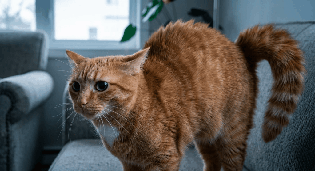 Orange cat with flattened ears and dilated pupils, showing warning signs of an indoor cat suddenly aggressive