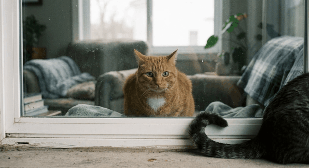 Indoor cat getting agitated by a stray cat outside the window, a leading cause of redirected aggression