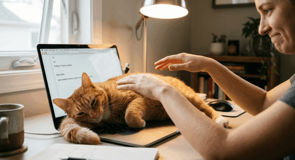 Orange cat laying on a laptop keyboard, demonstrating classic cat attention seeking behavior while owner works