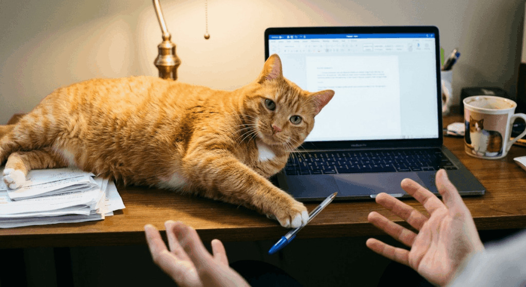 Orange cat looking at owner while pushing a pen off a desk, answering the question why does my cat knock things over
