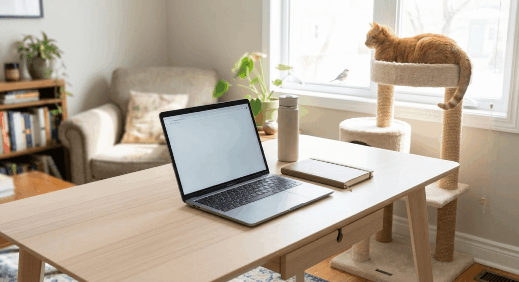 A clean, clutter-free desk designed to prevent cats from knocking things over in an apartment