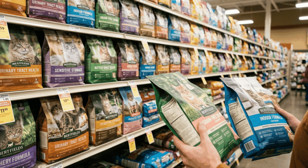 Orange cat sitting in a pet store shopping cart, representing the confusion that requires an indoor cat diet guide