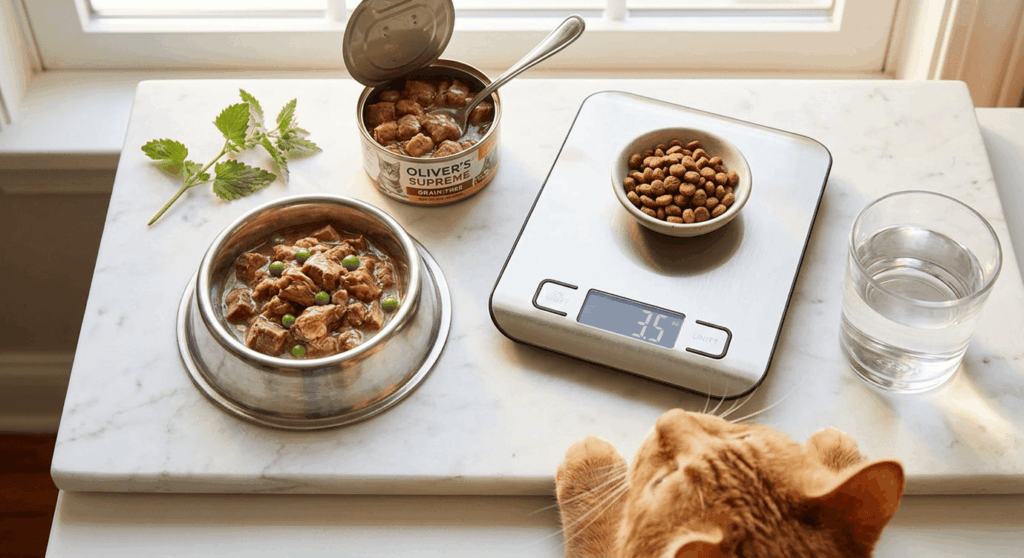 Reading the nutritional ingredient label on wet cat food to follow a healthy indoor cat diet guide