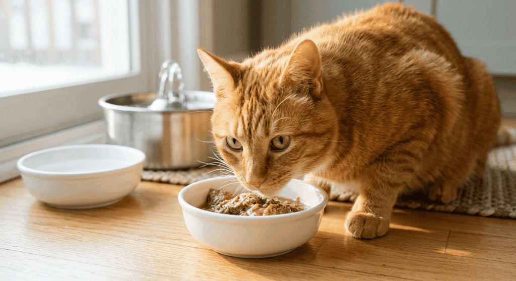 Healthy orange tabby cat eating a perfectly portioned meal based on an indoor cat diet guide