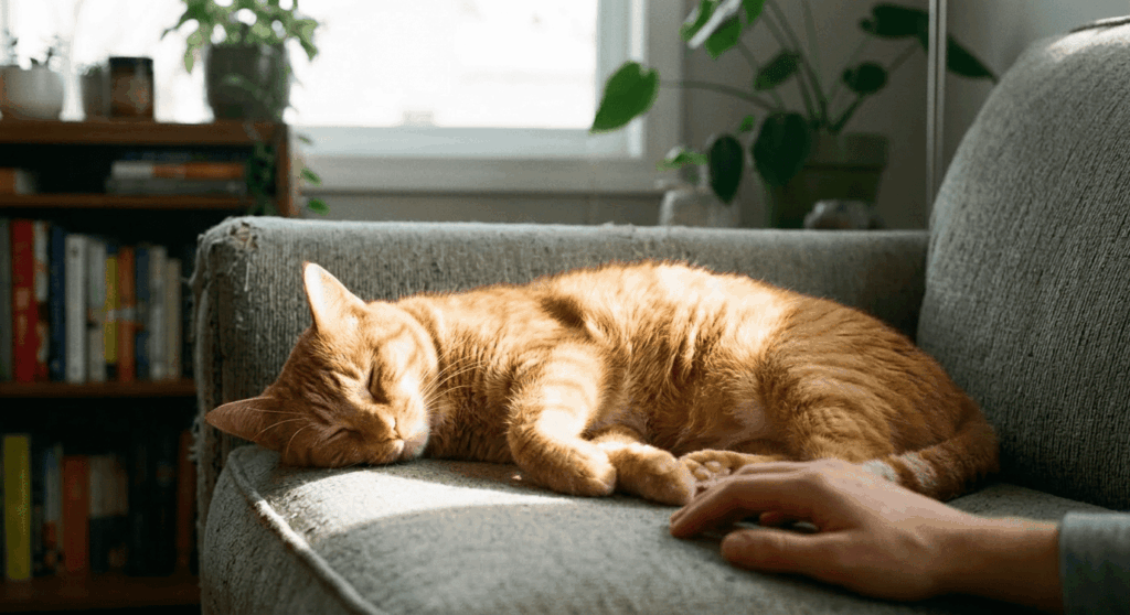 Orange tabby cat sleeping peacefully in a sunbeam, inspiring owners wondering how long do indoor cats live