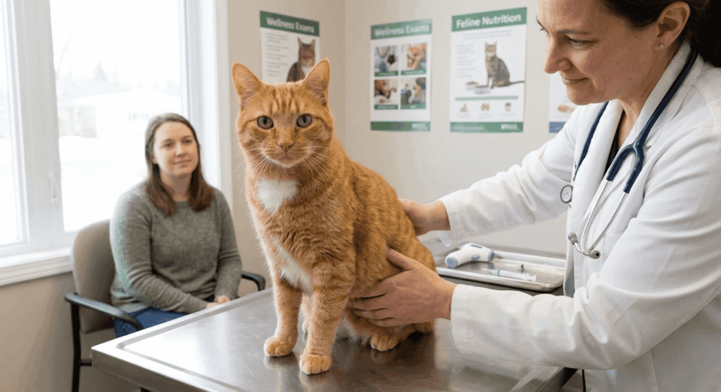 A routine veterinary exam for an orange tabby cat to maximize lifespan and detect health issues early
