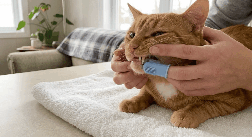 Gently lifting a cat's lip to check for plaque and gingivitis as part of indoor cat dental health care