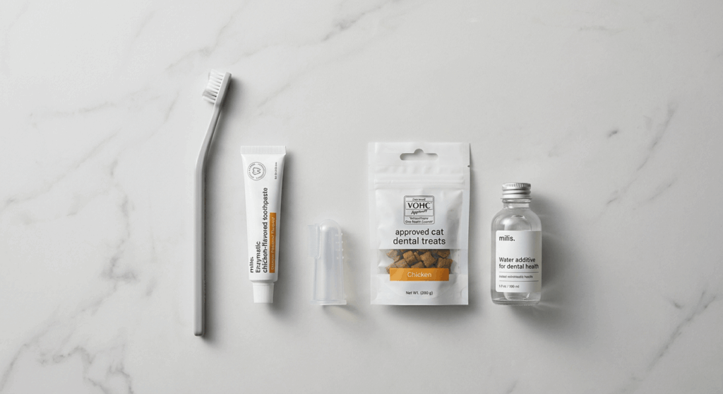 Using a feline-specific toothbrush and enzymatic toothpaste for optimal indoor cat dental health