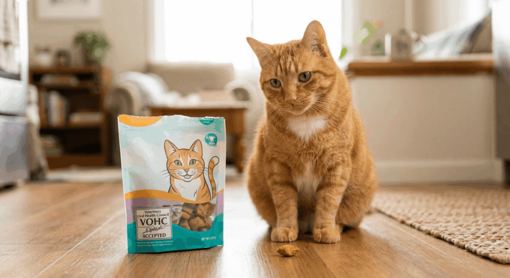 Orange tabby cat chewing on a silvervine stick to naturally help scrape plaque off teeth