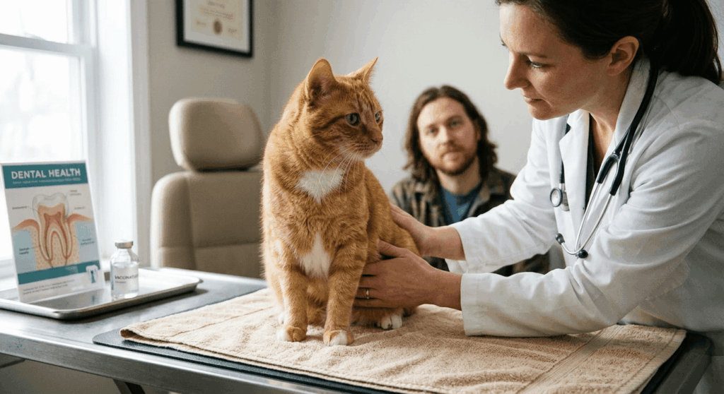 A veterinarian performing an annual vet visit indoor cat physical exam to check for early signs of illness