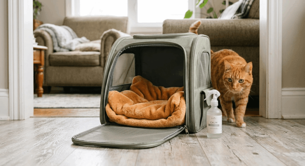 Preparing a top-loading carrier and calming spray for a stress-free annual vet visit indoor cat trip