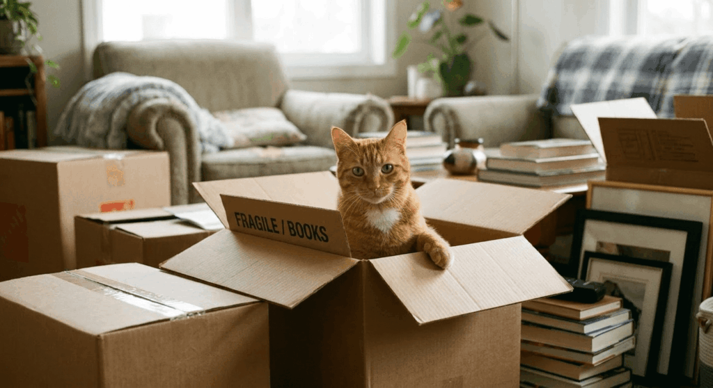 An orange tabby cat sitting in a cardboard box during the stressful process of moving apartment with cat