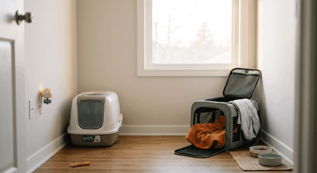 Setting up a dedicated safe room with familiar scents and pheromone diffusers when moving apartment with cat