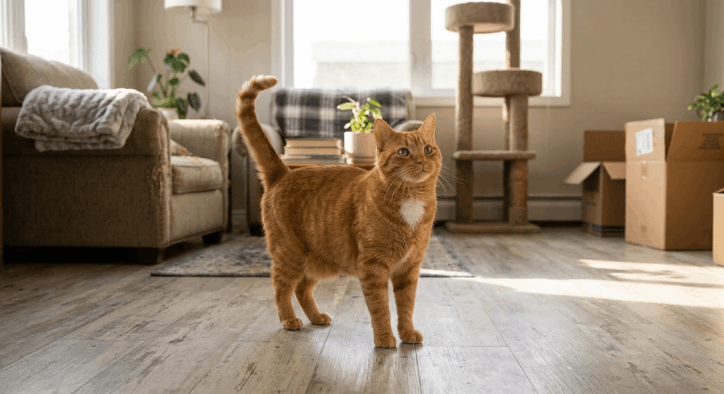 An indoor cat confidently marking territory in a new apartment after a successful move