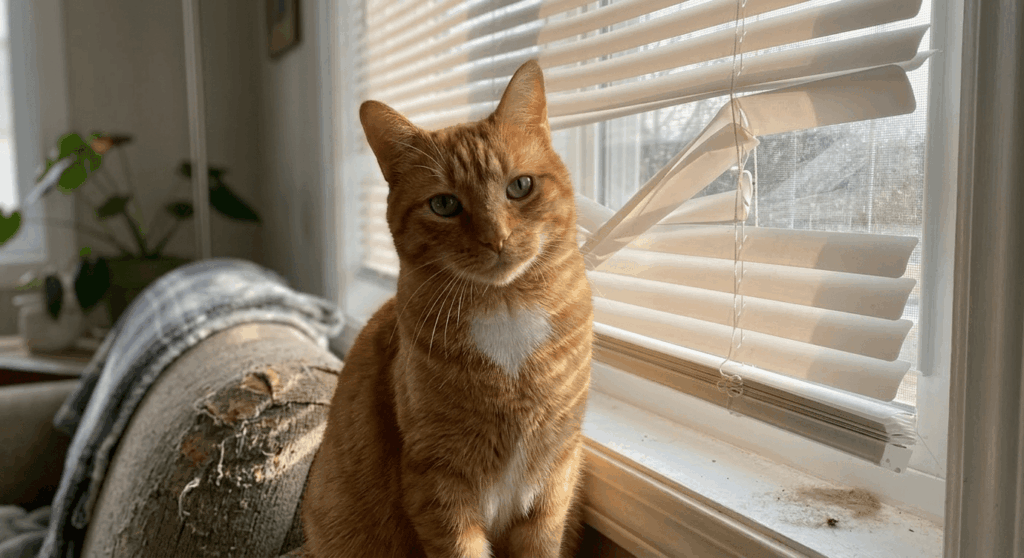 An orange tabby cat sitting near bent window blinds highlighting the need to cat proof rental apartment spaces