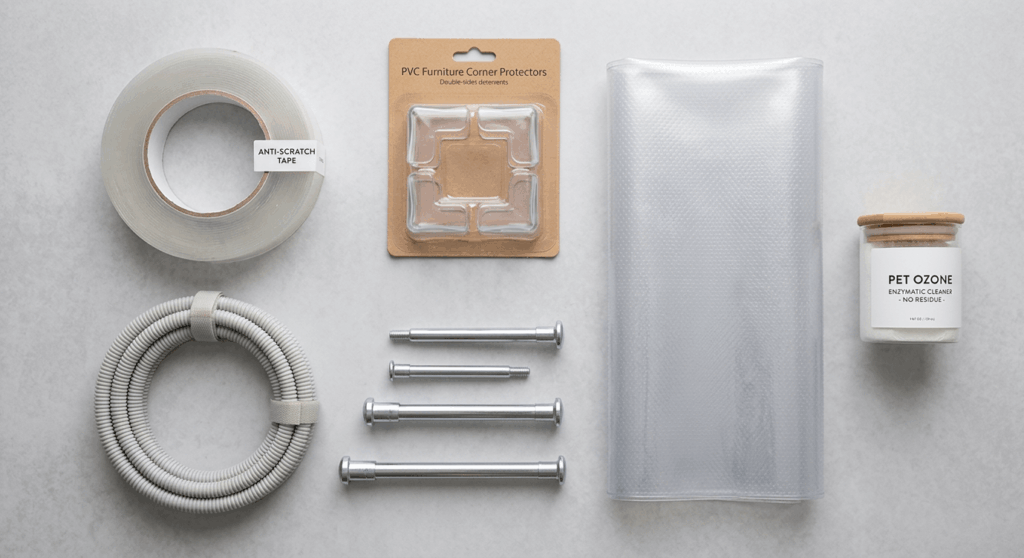 Using a damage-free tension-mounted cat tree to cat proof rental apartment walls while providing vertical space
