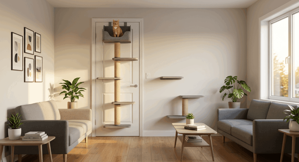 An over-the-door climbing tree demonstrating zero-footprint cat furniture small apartment ideas