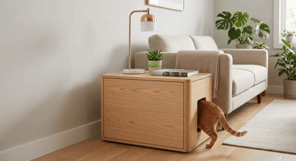 A multi-functional hidden litter box end table used as cat furniture small apartment solution