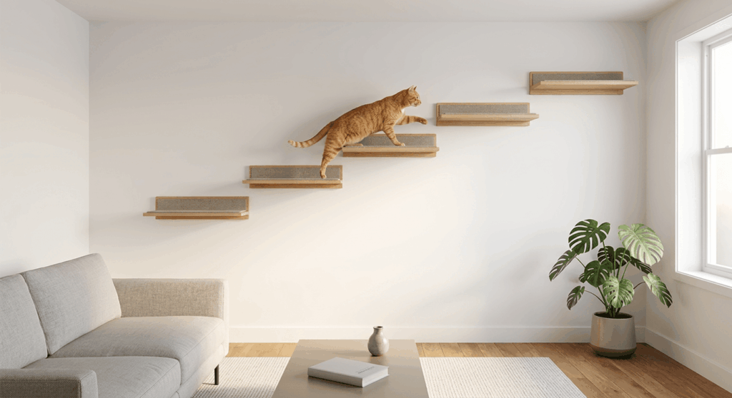 Wall-mounted floating shelves maximizing vertical cat furniture small apartment layouts