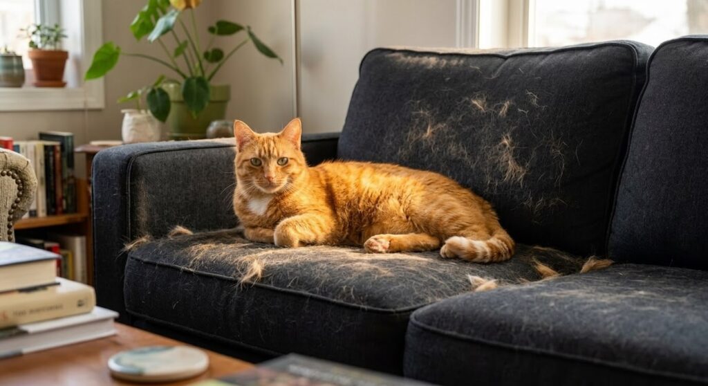 An orange tabby cat leaving bright fur on a dark couch showing the need to get cat hair off furniture