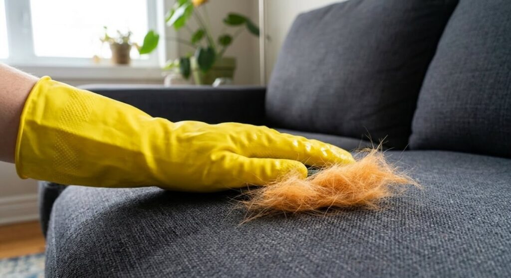 Using a damp rubber glove to quickly get cat hair off furniture and upholstery