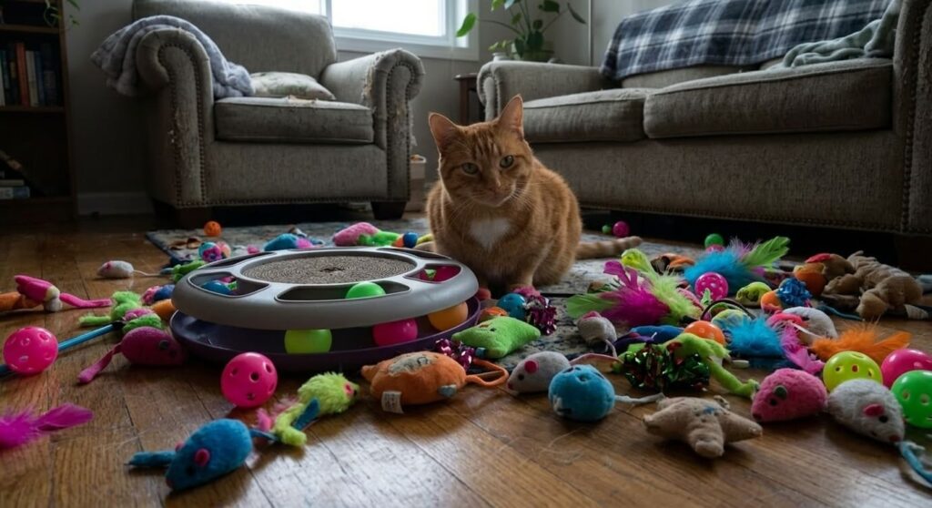 A messy living room showing why finding the best cat toys small apartment owners can store is essential