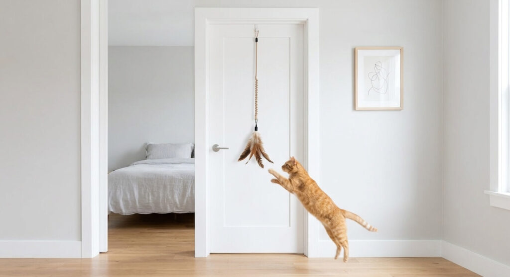 An over-the-door hanging bungee toy representing the best cat toys small apartment setups