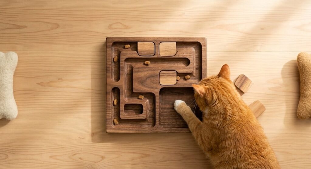 A stylish wooden puzzle feeder blending into home decor without cluttering the floor space