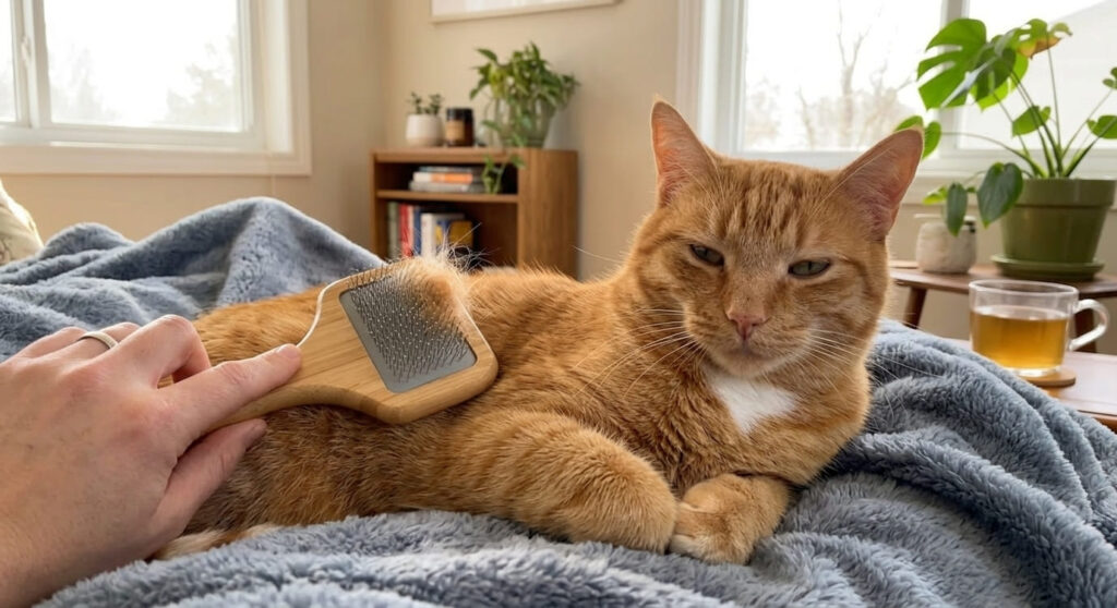 An orange tabby cat enjoying a brushing session as part of a complete indoor cat grooming guide