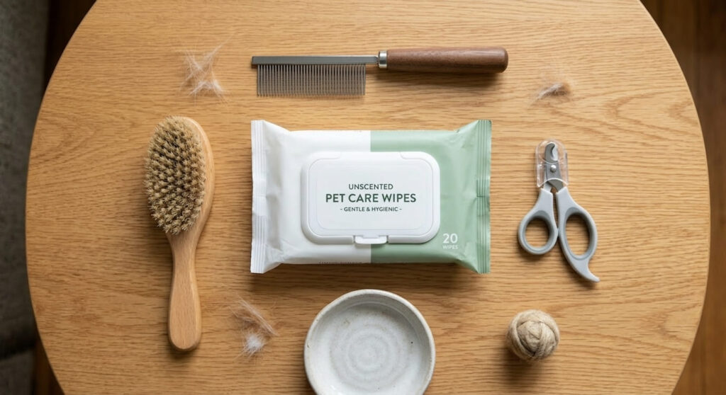 Essential tools needed for a complete indoor cat grooming guide including nail clippers and brushes