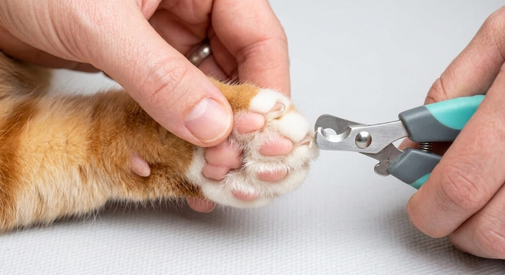 Gently pressing a cat's paw pad to extend the claw for safe nail trimming