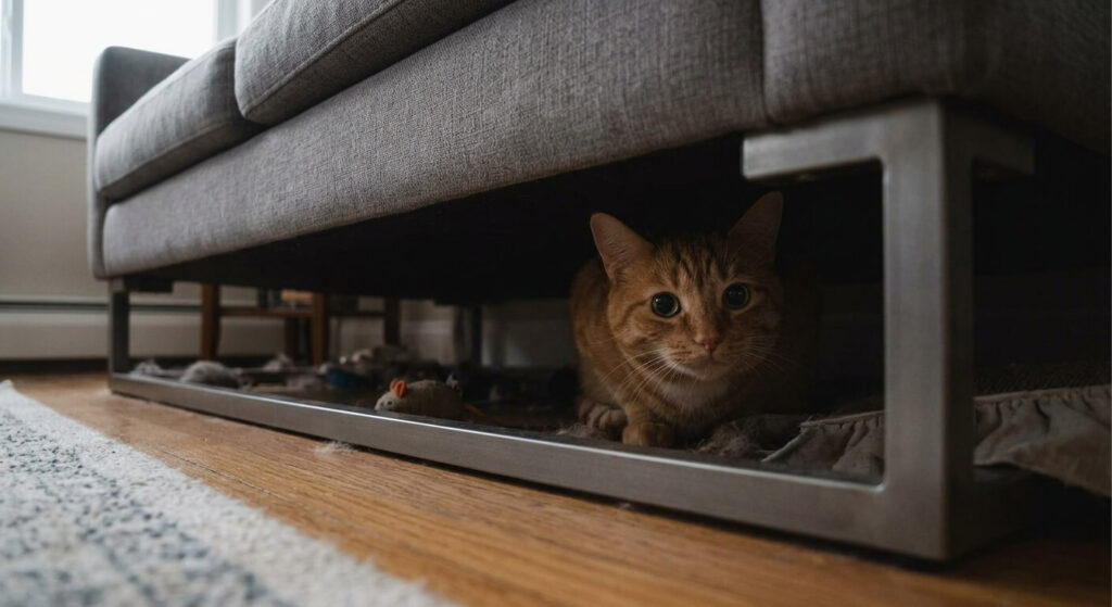 An orange tabby cat hiding under a sofa demonstrating common signs indoor cat is stressed