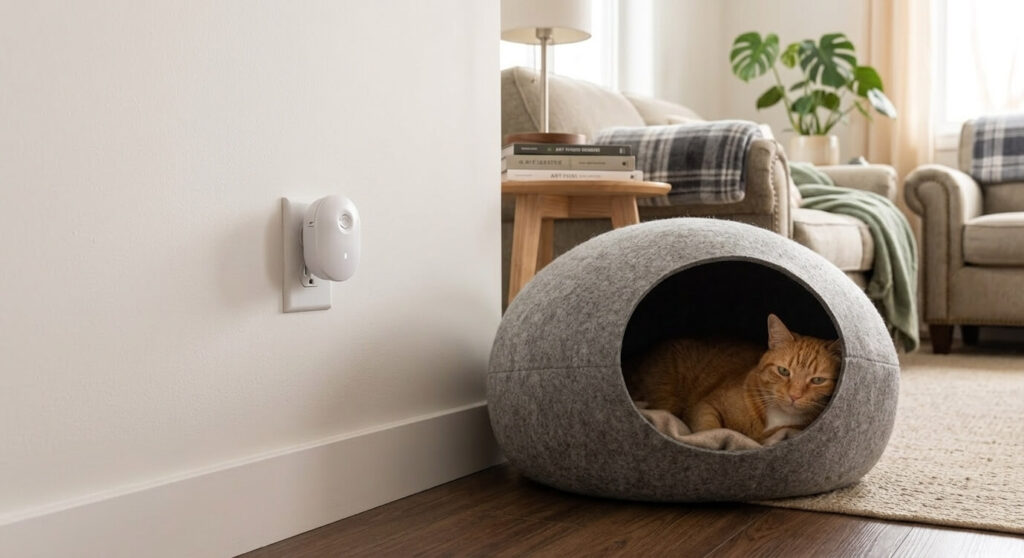 Using a pheromone diffuser and enclosed cave bed to reduce signs indoor cat is stressed