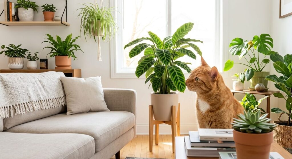 An orange tabby cat safely sniffing a Calathea, one of the best cat safe plants apartment owners can grow