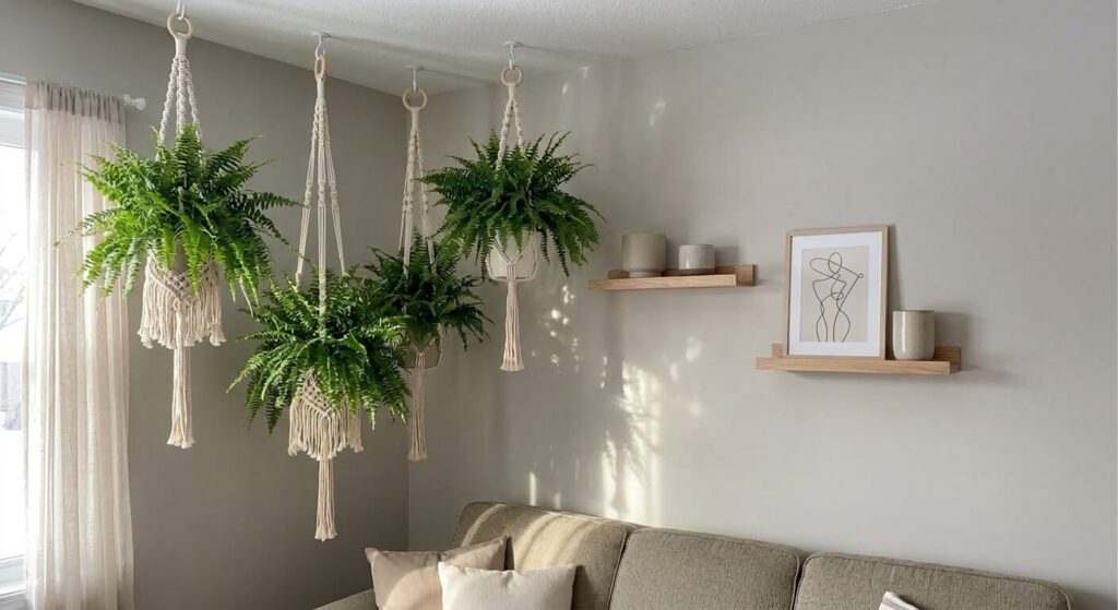 Using macrame hanging planters to protect cat safe plants apartment decor from curious paws