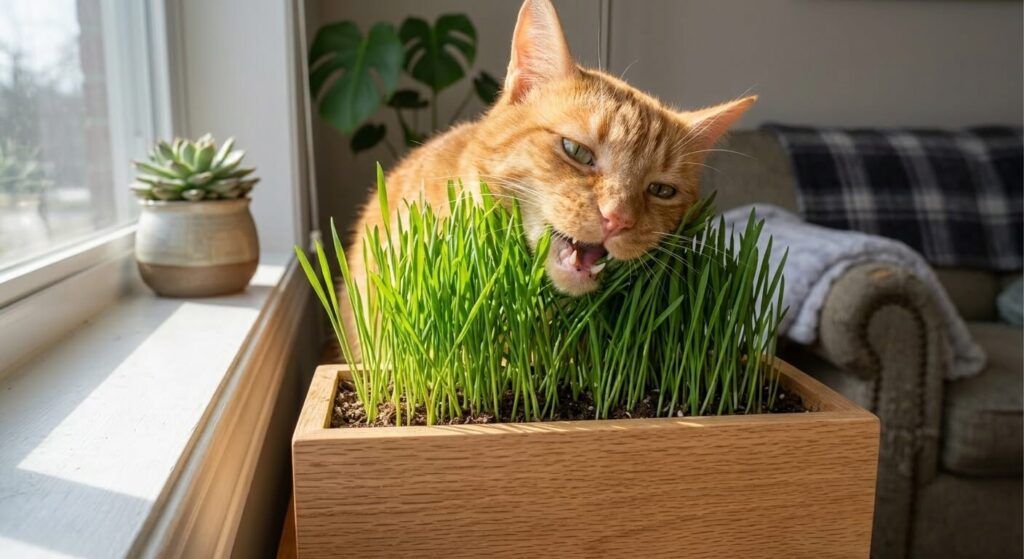 Growing a dedicated box of cat grass to redirect chewing behavior from your cat safe plants apartment collection