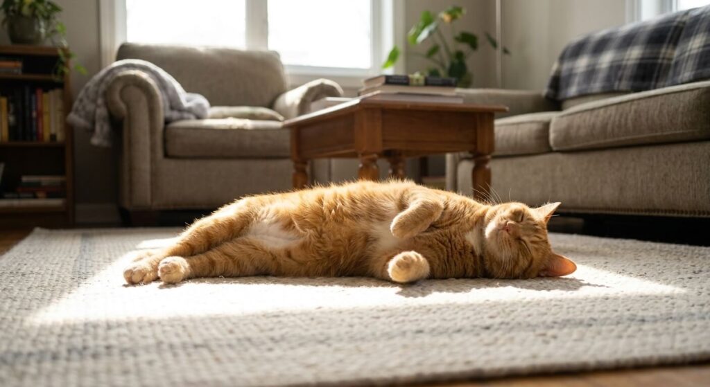 An orange tabby cat sleeping in a sunbeam, answering the question why does my cat sleep so much