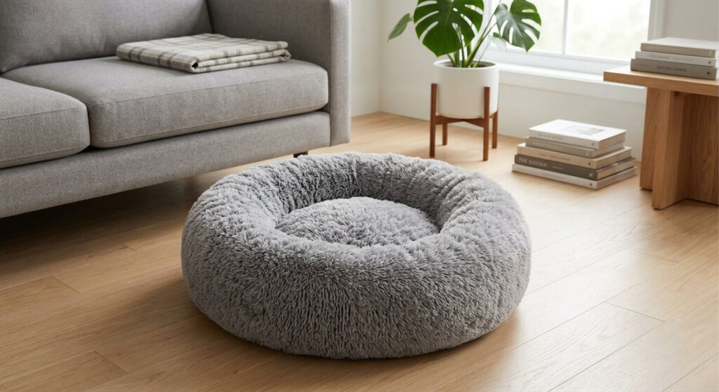 A plush calming donut bed designed to support healthy indoor cat sleep habits