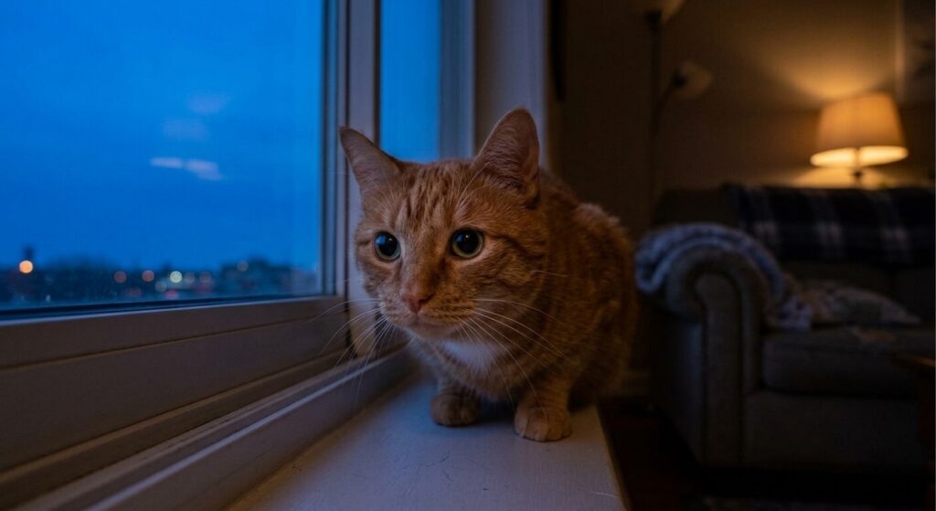 An alert indoor cat awake at dusk due to their natural crepuscular biological rhythm