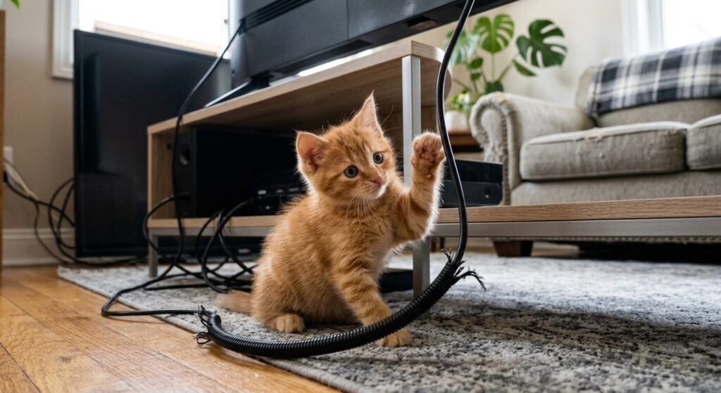 A tiny orange tabby kitten trying to chew an electrical cord, highlighting the need for a kitten proof apartment