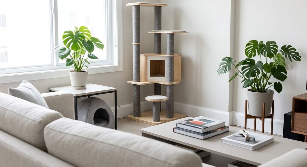 A clean and safely organized living room following a strict kitten proof apartment checklist