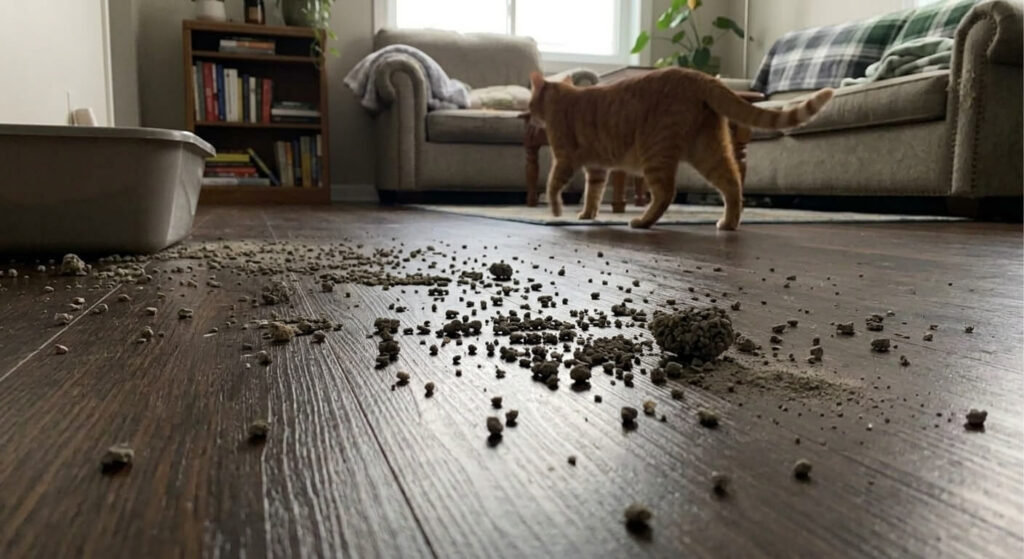 Scattered litter on a dark hardwood floor showing why you need to stop cat litter tracking apartment messes