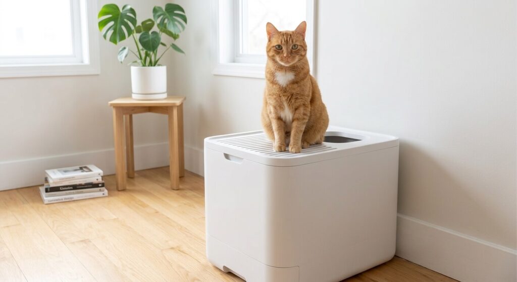 A modern top-entry litter box designed to contain mess and stop cat litter tracking apartment layouts