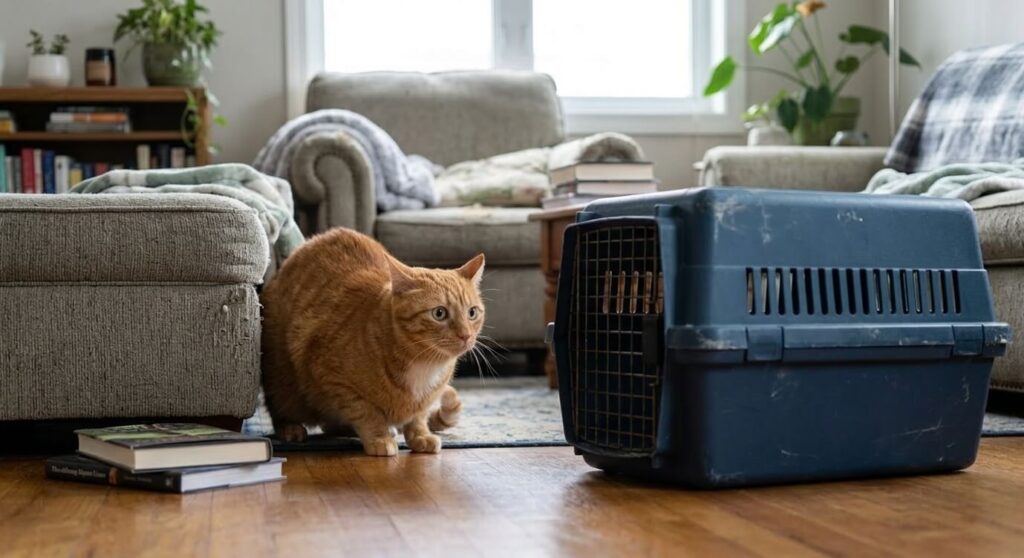 An orange tabby cat showing fear of a plastic box before proper cat carrier training
