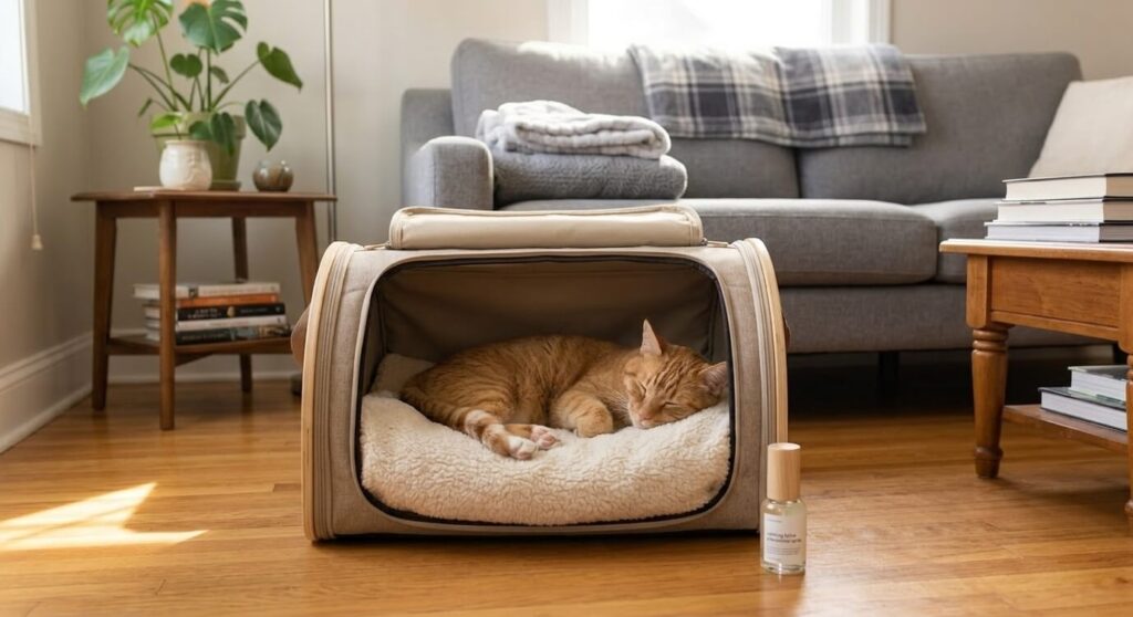 Using a soft top-loading carrier as a permanent bed for successful cat carrier training
