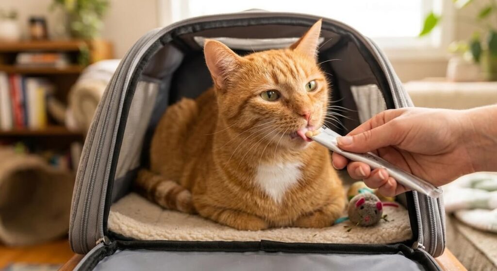 Using lickable puree treats for positive reinforcement during cat carrier training sessions

