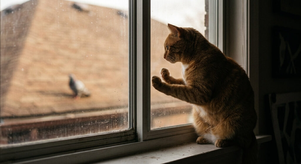 An indoor orange tabby cat looking longingly out a closed window wishing for outdoor access